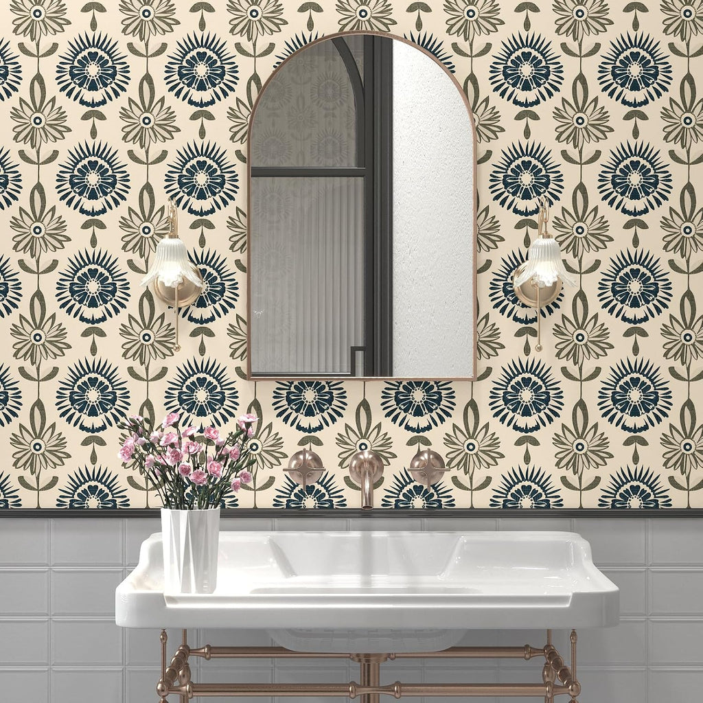 Boho Floral Peel and Stick Wallpaper Beige Blue 17.5 x 393.5In | Extra Long Symmetry Contact Paper Modern Wall Paper