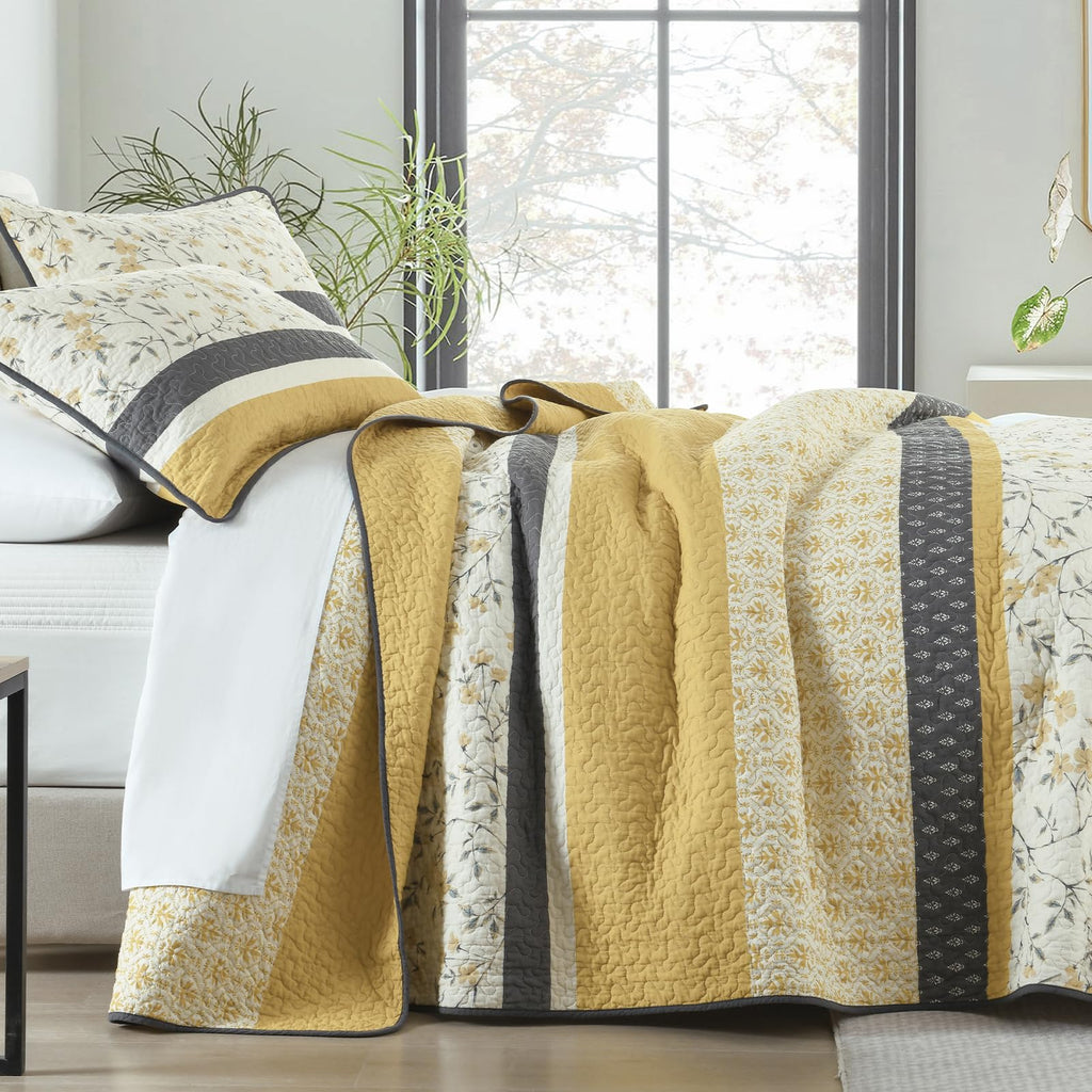 100% Cotton Quilt - Modern Stripe Botanical Soft Bedding Set