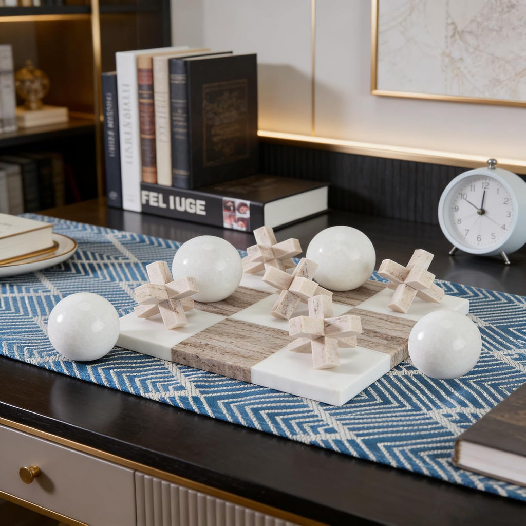 Marble Tic Tac Toe Game Set - Natural Organic Stone Board with White and Brown XO Pieces, Luxury Decorative X and O