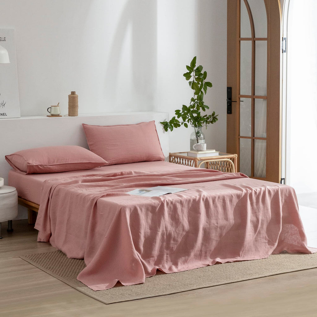 Linen Sheets Set Full Size, 100% French Stonewash Pure Linen Sheets Set, 4Pieces (1Flat Sheet, 1Fitted