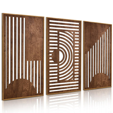 Abstract Geometric Framed Wooden Wall Art Decor(16"x32"x3pcs), Large Vintage Mid Century Rectangle Wall Sculptures