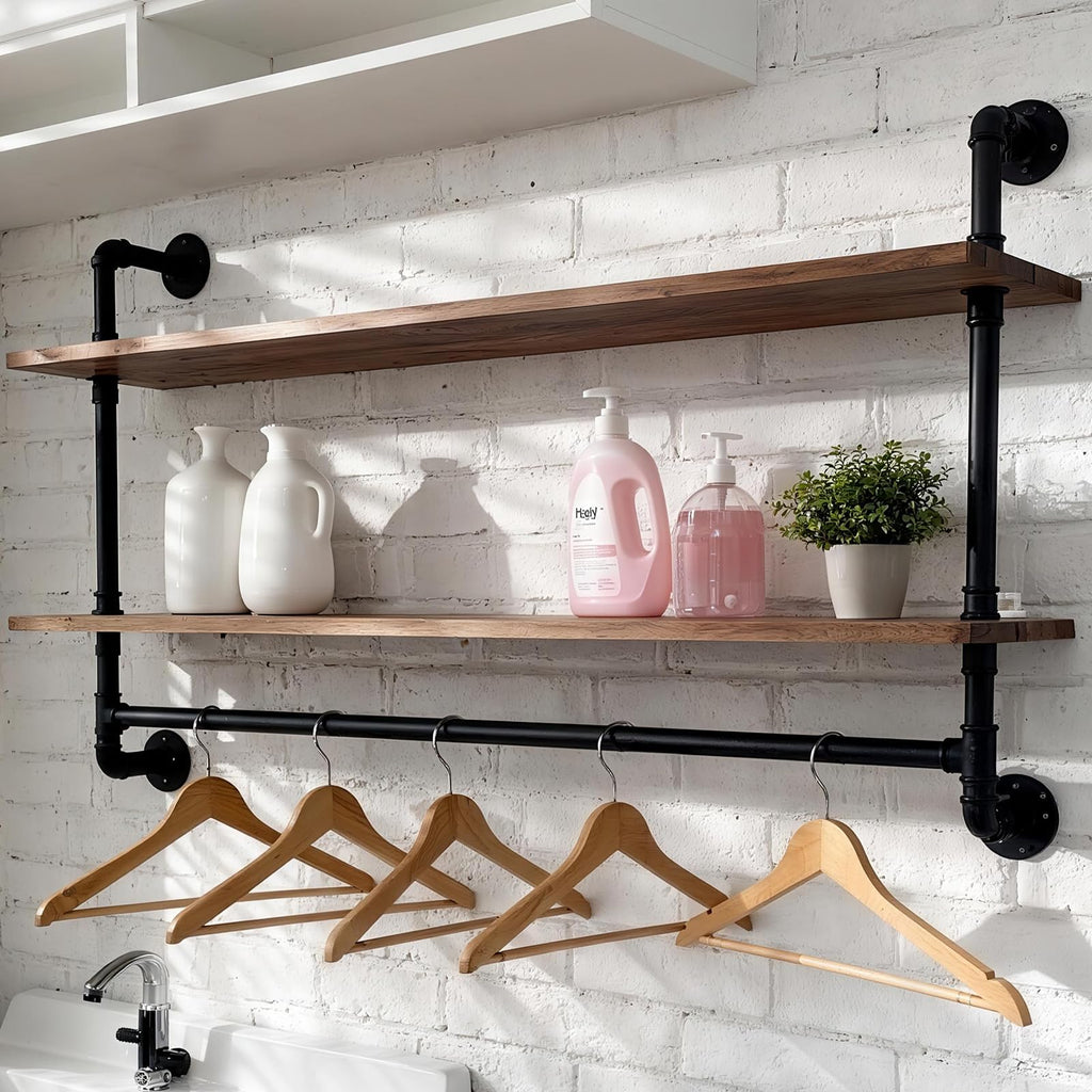 Industrial Pipe Shelving Wall Mounted, Pipe Shelves with Plank(2 Tier 42In)