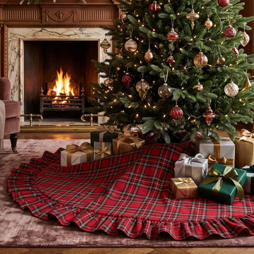 Christmas Tree Skirt with Ruffle Edge Bow, Red Tartan, 48 Inch