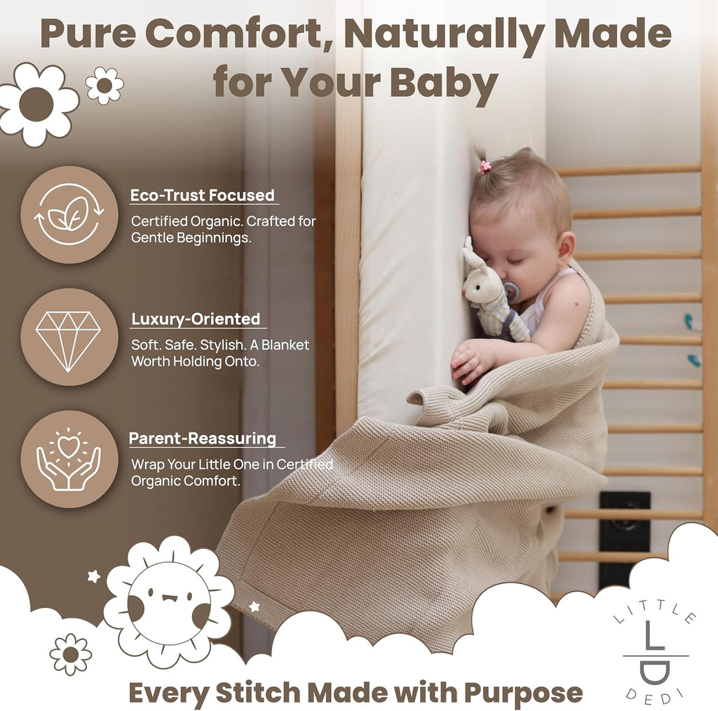 Organic Cotton Baby Blanket 30x40, Stone - GOTS Certified, Soft Knit Swaddle with Gift Box, Breathable Nursery
