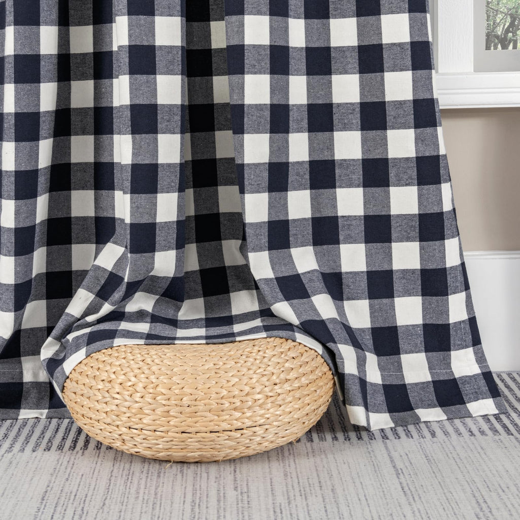 Buffalo Check Plaid Curtains Farmhouse Gingham Style Cotton Texture Rod Pocket Semi Curtain Drapes, Navy, 52 x 84