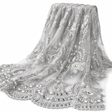 Designz 48"/50" Wide Corded Floral Lace Fabric with Sequins - Mesh Embroidered Prom & Bridal Fabric with Scalloped