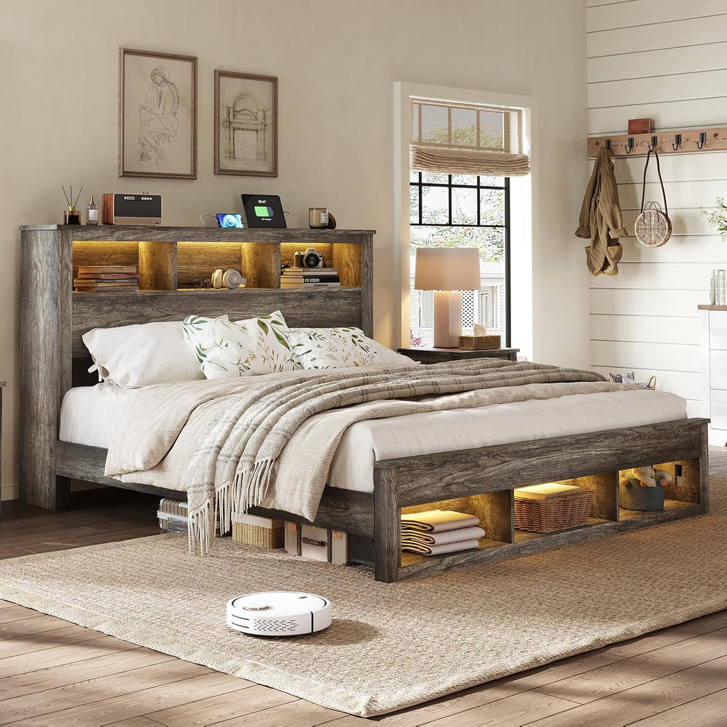 King Bed Frame with 47.2" Bookcase Storage Headboard & Footboard, Farmhouse Wooden Platform Bed with LED Light &