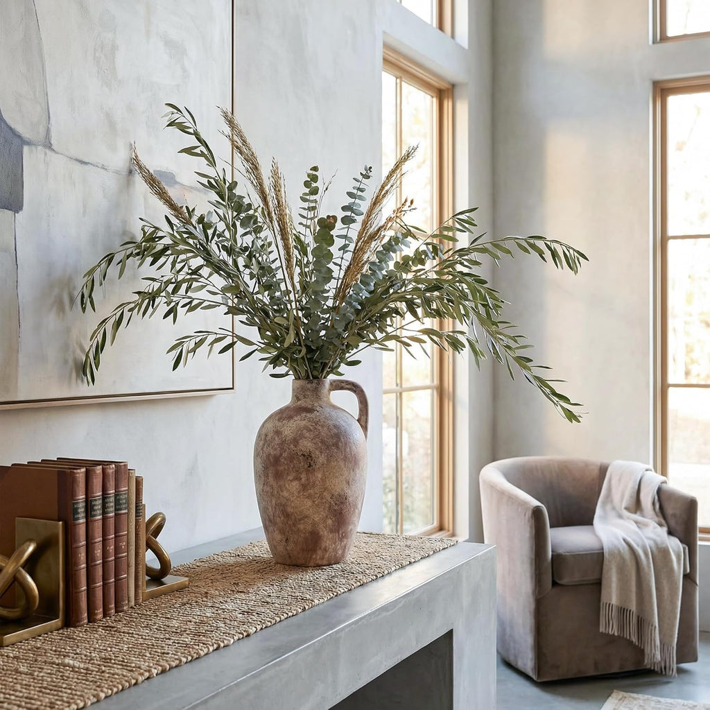 Ceramic Flower Vase with Handles,10" Neutral Tall Clay Terracotta Vases Farmhouse Table Vases with Handle Living Room