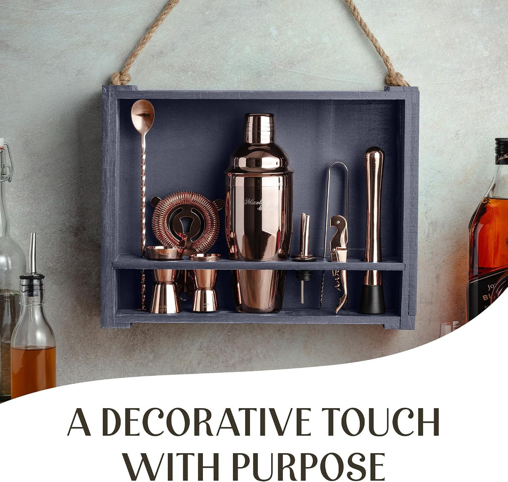 Rustic Cocktail Shaker Set - Includes Wood Stand, Complete Barware Kit with 24 Oz Shaker, Dual Jiggers, Pourers - Set of 11