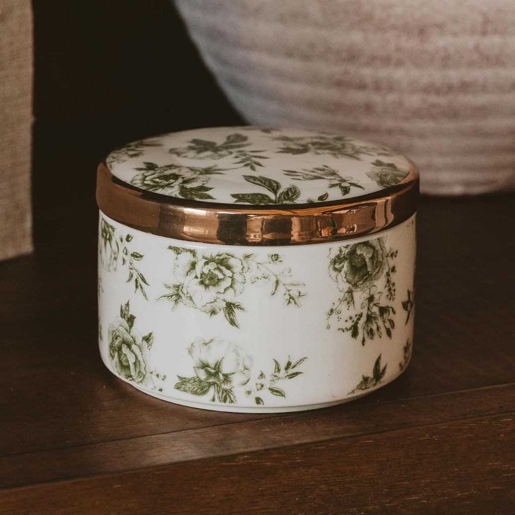 Green Delft Round Trinket Box, Jewelry Storage Counter or Nightstand, Ring Holder for Bridal Shower, Wedding, or