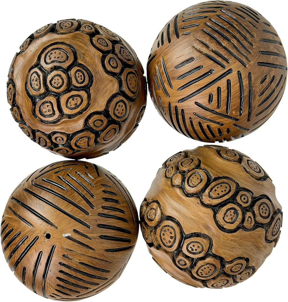 Decorative Orbs Set of 4 Brown Resin Carved Spheres, 4 Inch | Distressed Painted Finish, Tribal-Inspired Lines and