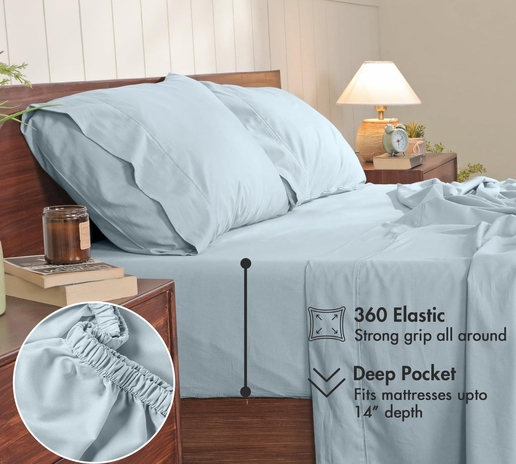 100% Cotton Queen Sheets, Percale Queen Sheet Set, Ice Blue