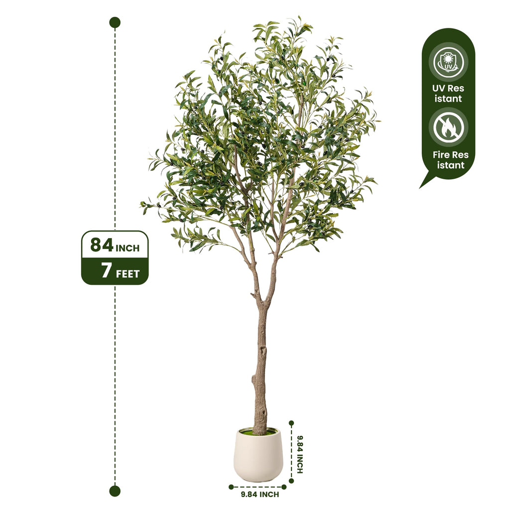 7ft Artificial Olive Tree Indoor with Tall White Planter, Realistic Faux Olive Tree with Natural Wood Trunks