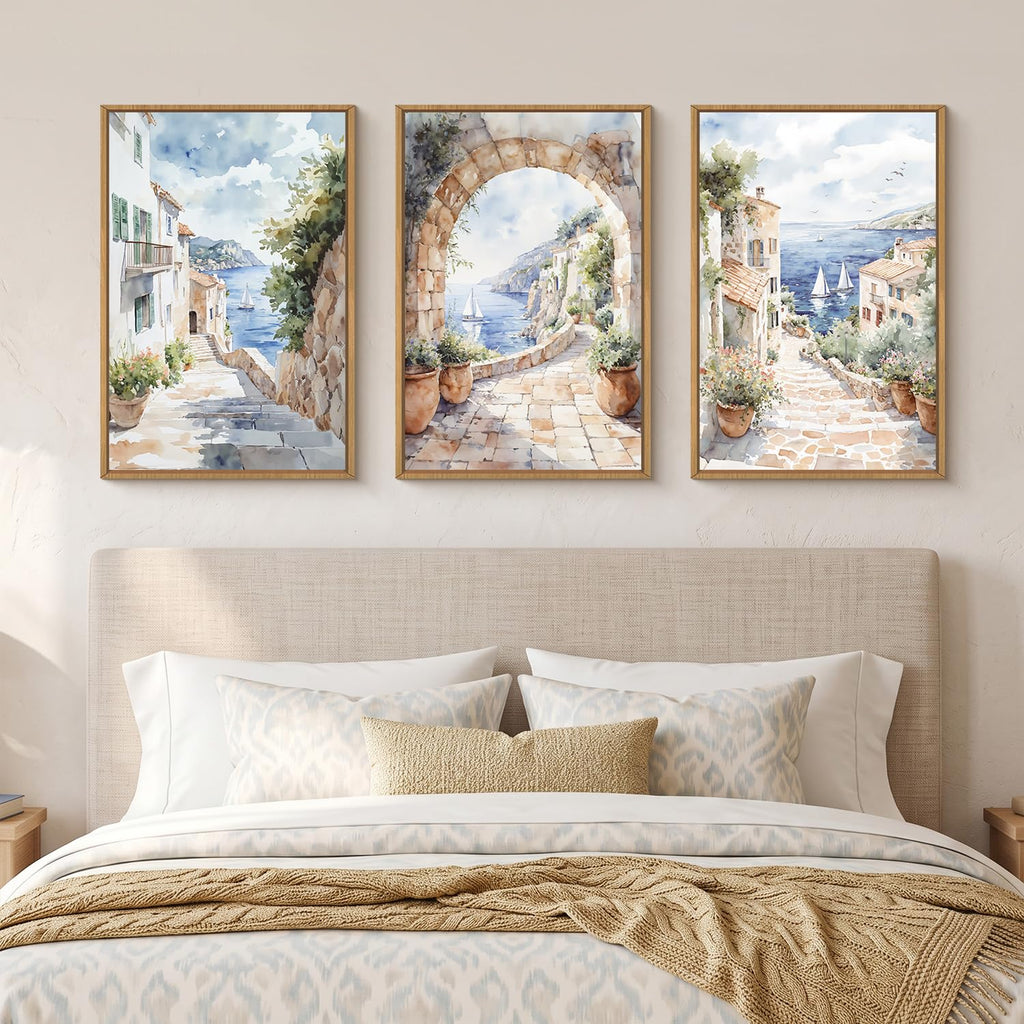 Watercolor Italy Coast Framed Canvas Wall Art, Modern Europe Countryside Wall Decor, Seascape Painting, Neutral