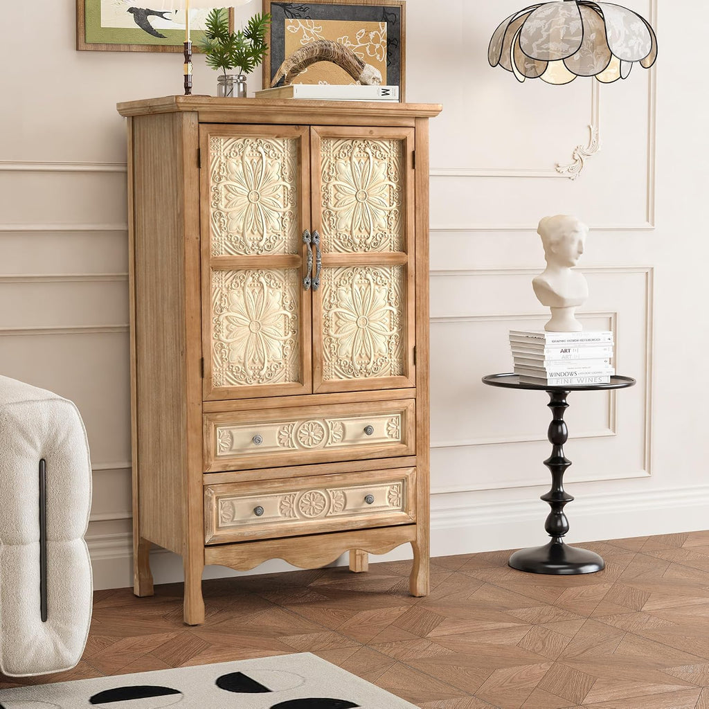 48" Tall Accent Cabinet with 2 Carved Doors and 2 Drawers, Wood Vintage Cabinet with Storage, French Country