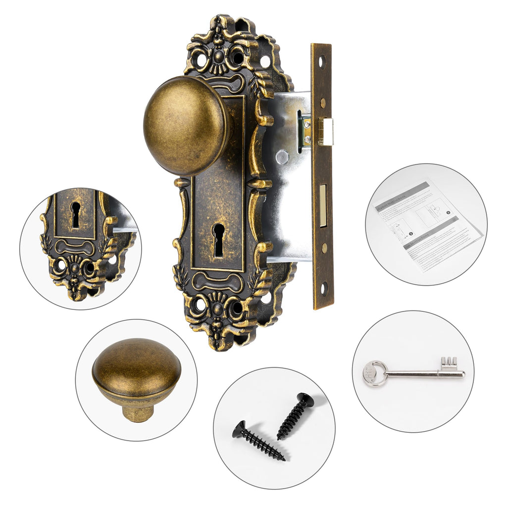 Mortise Lock Set for Interior Door, Antique Brass Door Knob with Lock and Skeleton Key, Antique Old Style Door Knob