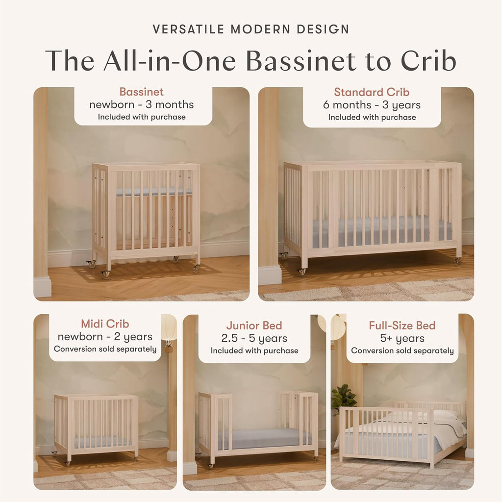 Rolli 9-in-1 Convertible All-Stages Bassinet to Full-Size Crib in Washed Natural, Greenguard Gold Certified, Portable