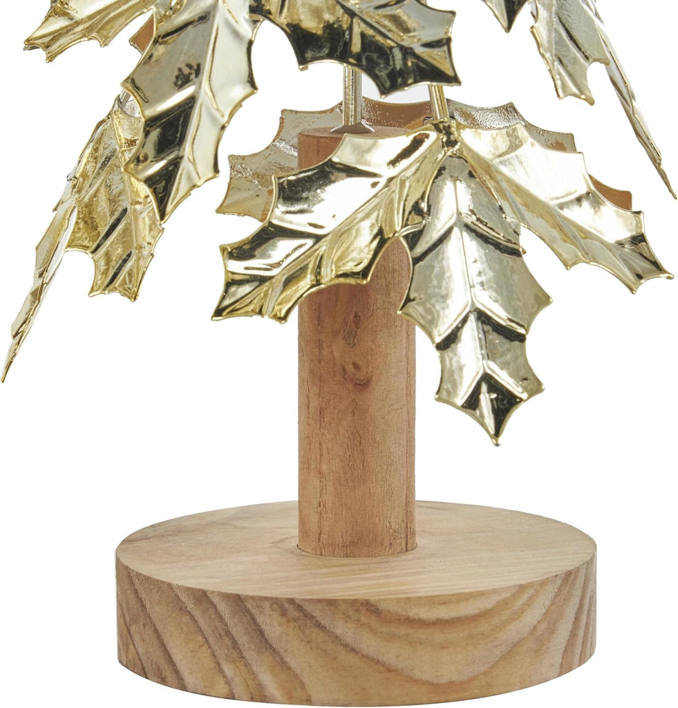 Metal Tree Decorative Sculpture Holiday Layered Holly Leaf Christmas Home Decor Statues with Wooden Base and Star