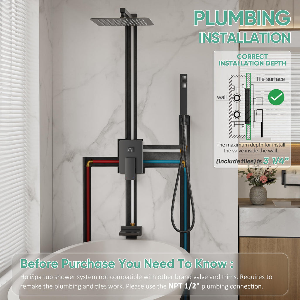 Black Tub Shower System with 12" Rain Head, Handheld & Valve Kit