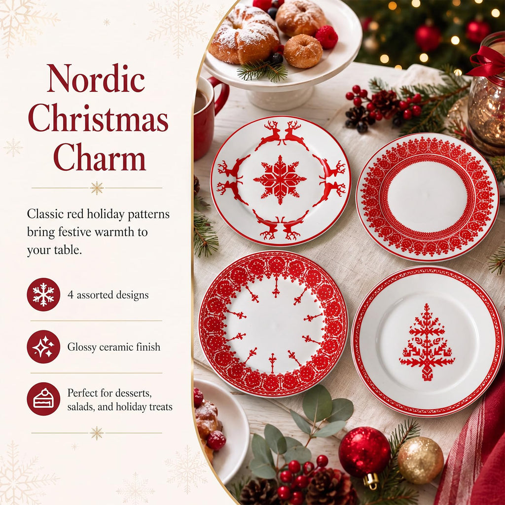 4 Pcs Red Christmas Ceramic Plates 9 Inch Salad Dish Serving Set