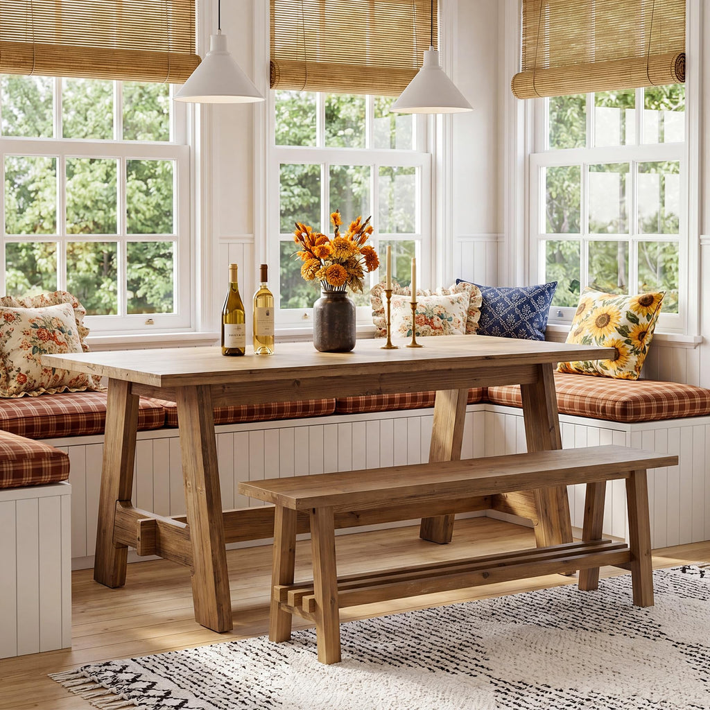63-Inch Farmhouse Dining Table for 4-6, Natural Solid Wood Rectangle Kitchen Table, Rustic Wooden Dinner Furniture