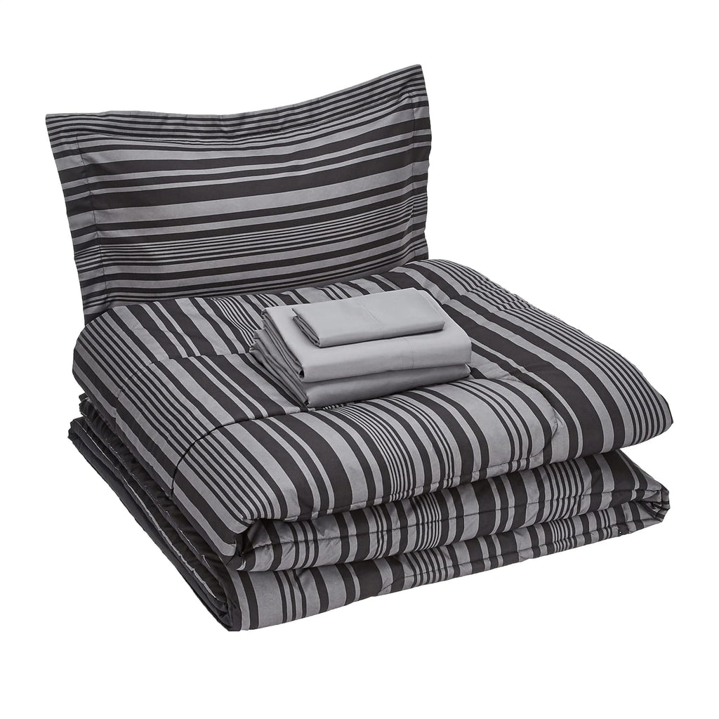 5-Piece Lightweight Microfiber Comforter Set with Sheets, Bed-in-a-Bag, Gray Calvin Striped Bedding, Twin/Twin XL