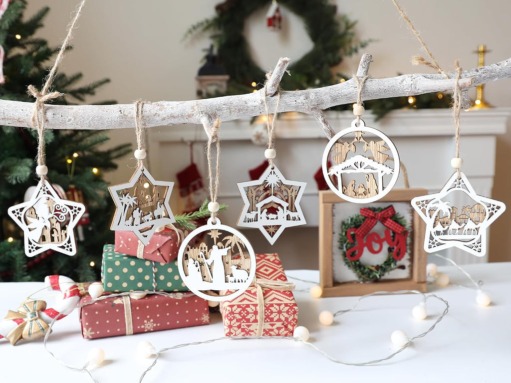 Wooden Nativity Scene Christmas Tree Ornaments Set - Set of 18