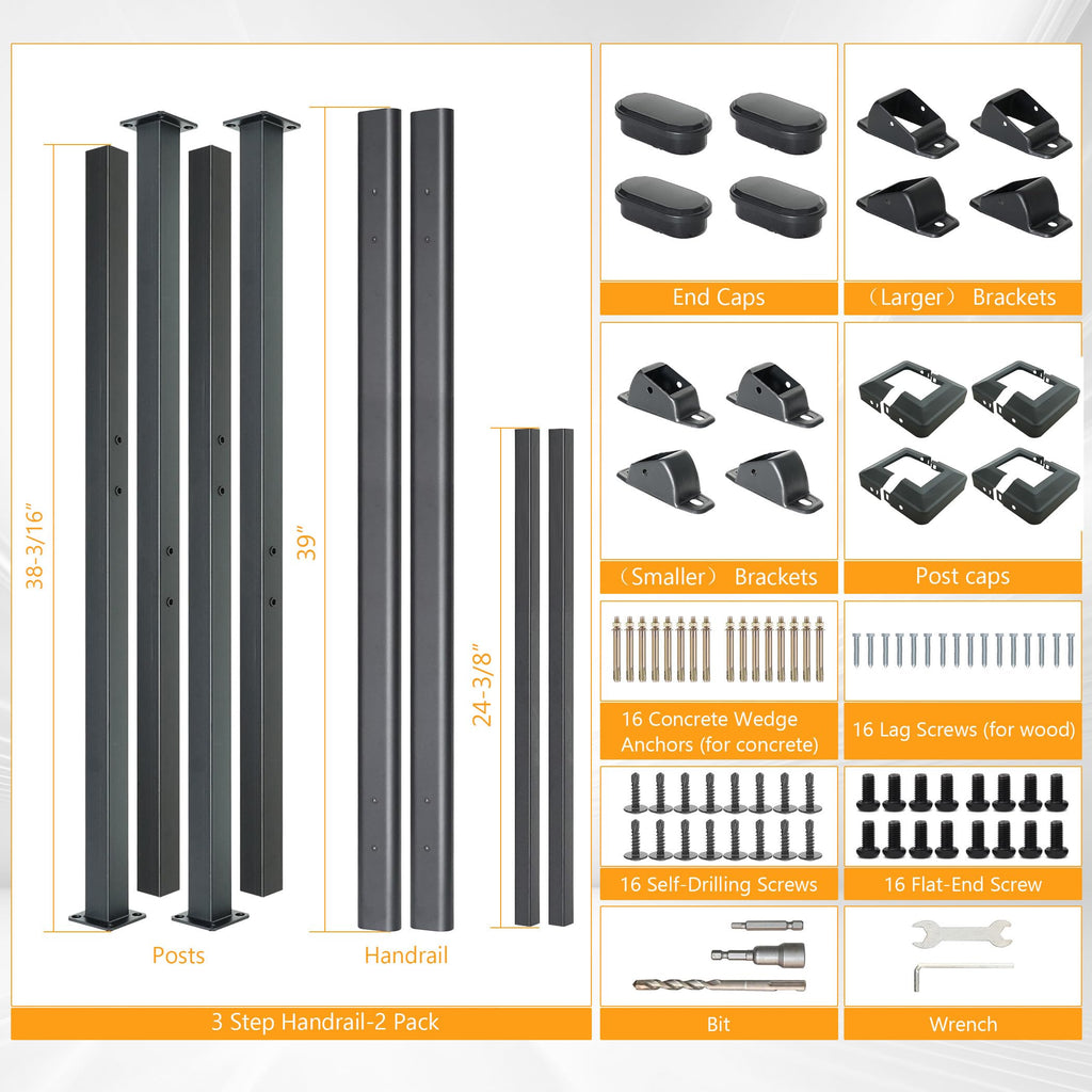 3 Step Handrail, Black Iron Stair Railing, Outdoor Indoor, 2 Pack