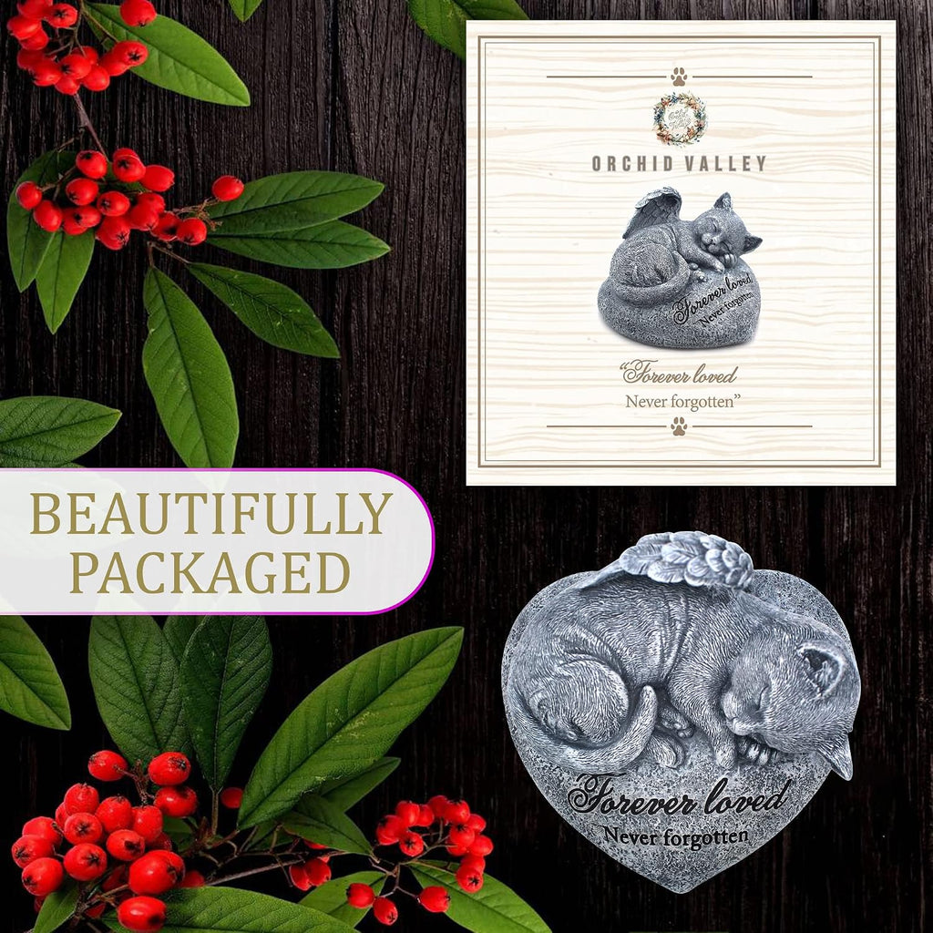 Valley Sleeping Cat Garden Statue - Pet Memorial Stone - Grave Marker - Beautifully Packaged Memorial Gift