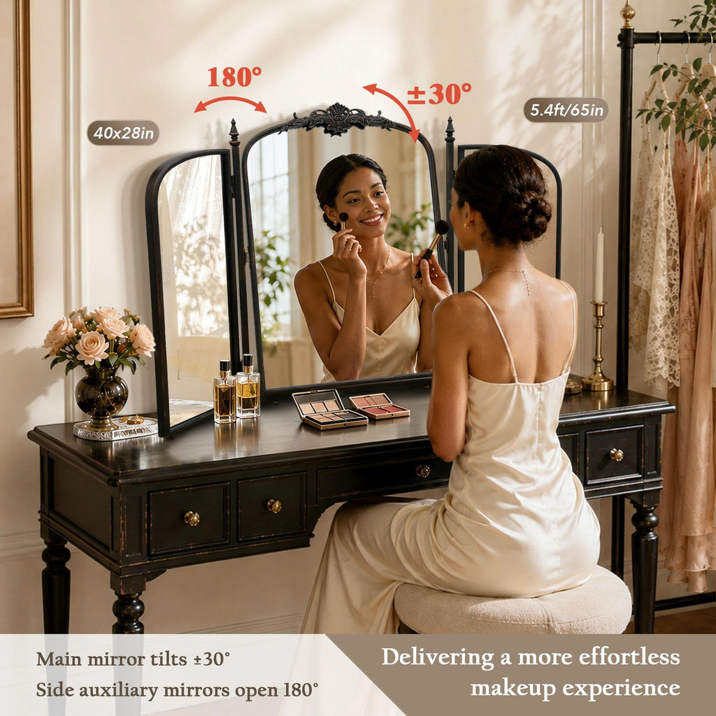 Black Vanity Trifold Mirror: 40"x28" Vintage Arch Three Way Mirror