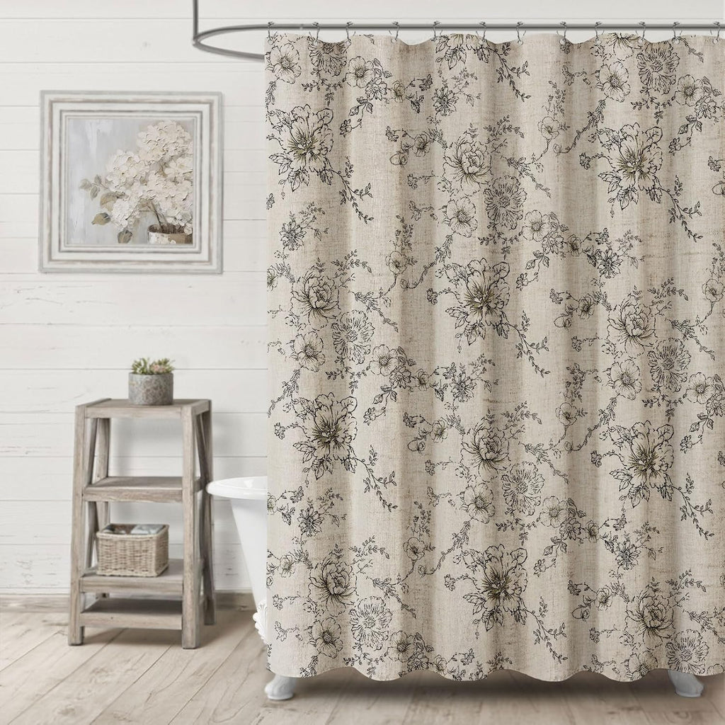 Farmhouse Floral Vintage Shower Curtain, Black Linen Pattern Shower Curtains , Tan Taupe,72x72