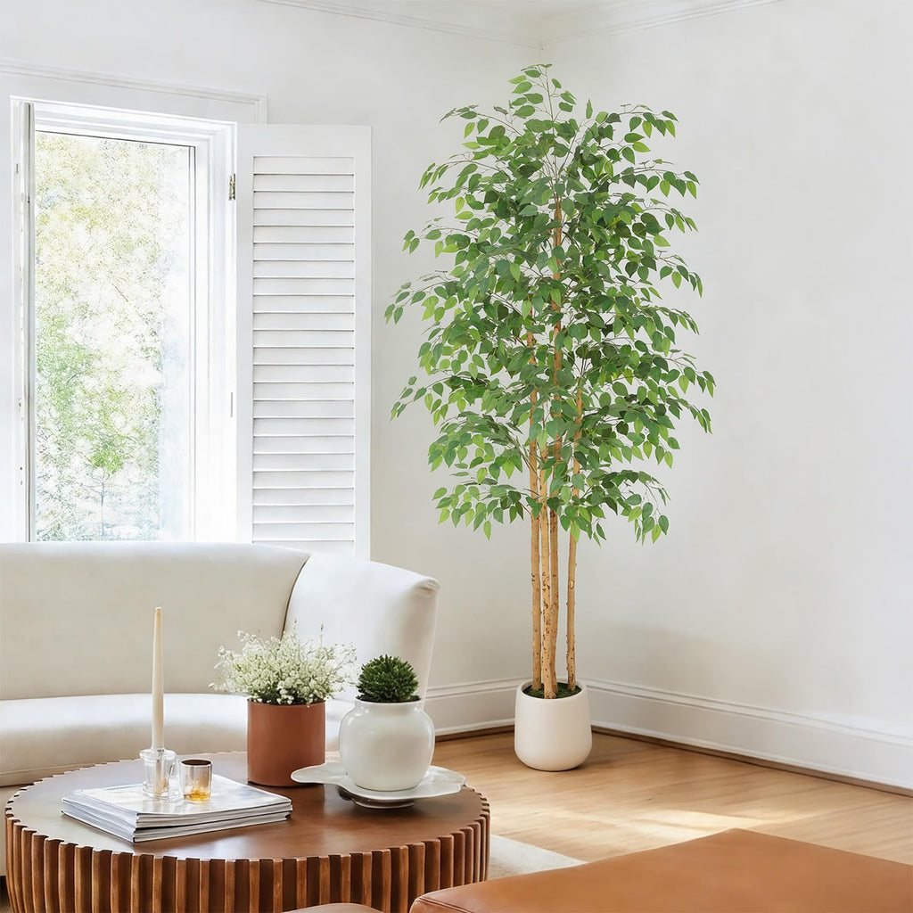 7ft Artificial Ficus Tree with White Decorative Planter & Multiple Real Wood Trunks, 84in Fake Ficus Tree with