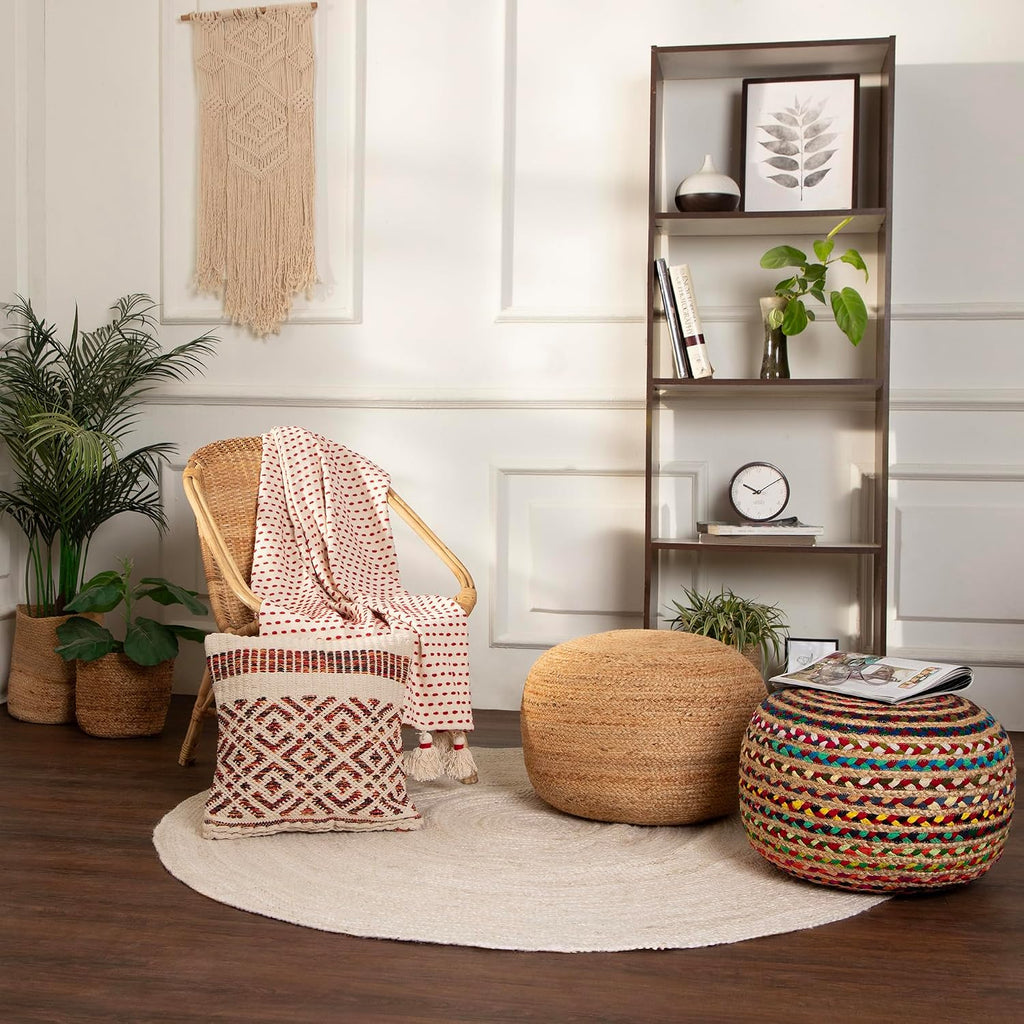Braided Jute Cotton Pouf - Circular Boho Ottoman - Multi | Jute with Cotton Pouf, 19.5"x19.5"x14"; Braided Boho