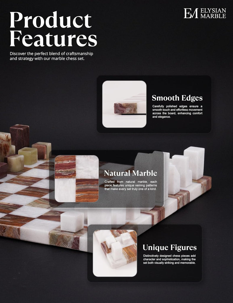 Modern Chess Set - Handcrafted Borderless Marble Chess Board with Minimalist Geometric Pieces, Luxury Decorative