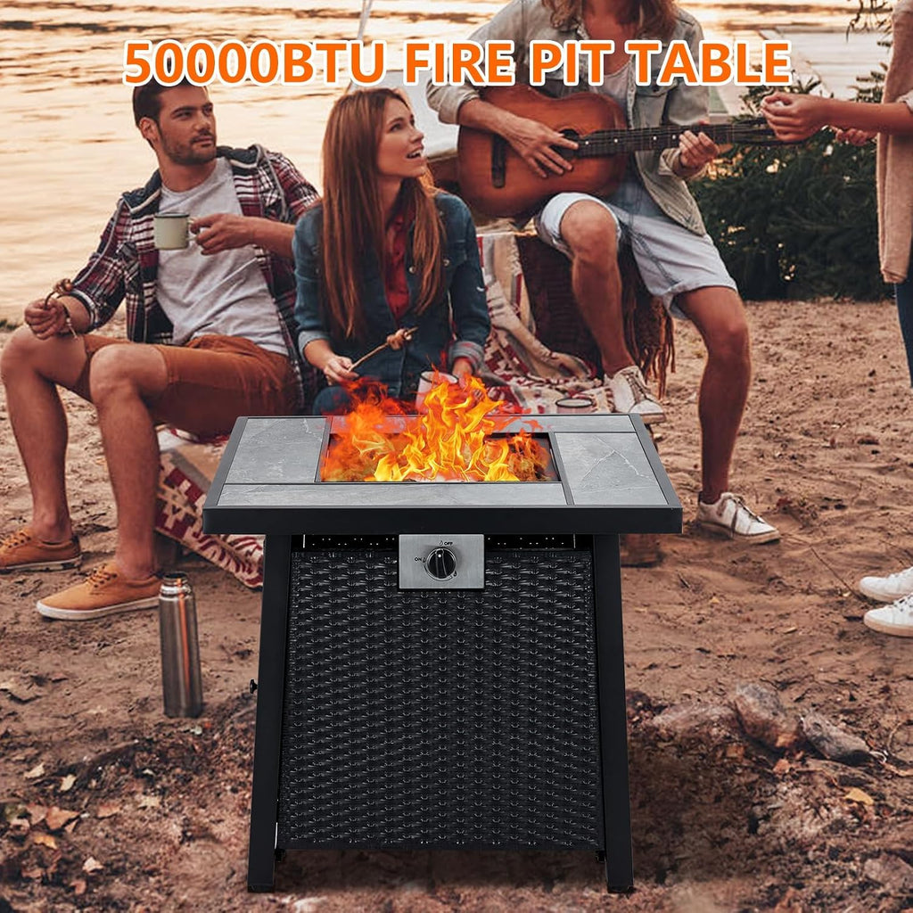 28 Inch Propane Fire Pit Table, 50000BTU Rectangle Fire Table with Cover, Sturdy Steel and Iron Fence Surface, CSA