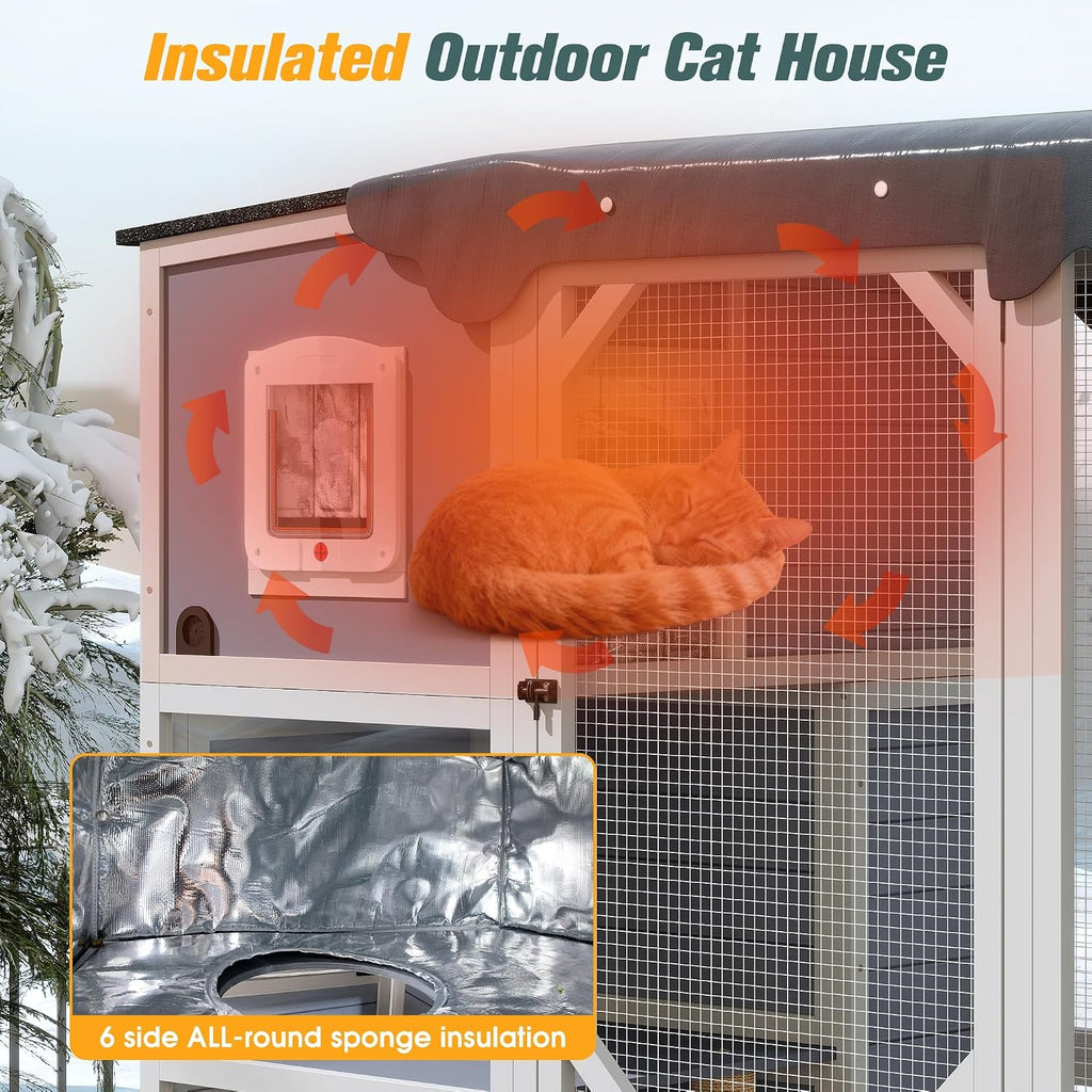 4-Tier Wooden Outdoor Catio Enclosure, Weatherproof Playpen with Asphalt Roof, 3 Lounges & 3 Platforms