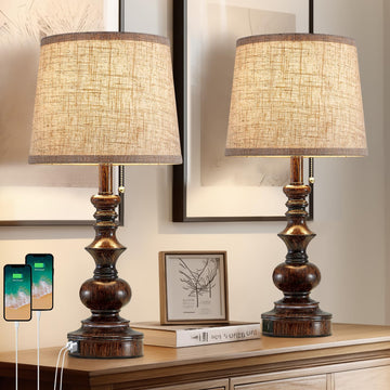 22'' Farmhouse Bedside Table Lamps Set of 2 Nightstand Lamps with USB A+C Charging Ports Traditional Small Table Lamp