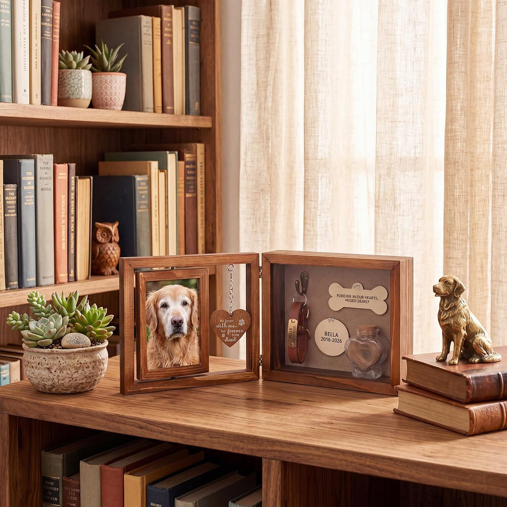 Pet Memorial Shadow Box Wooden Rotating Frame for Loss of Pet, Retro Color