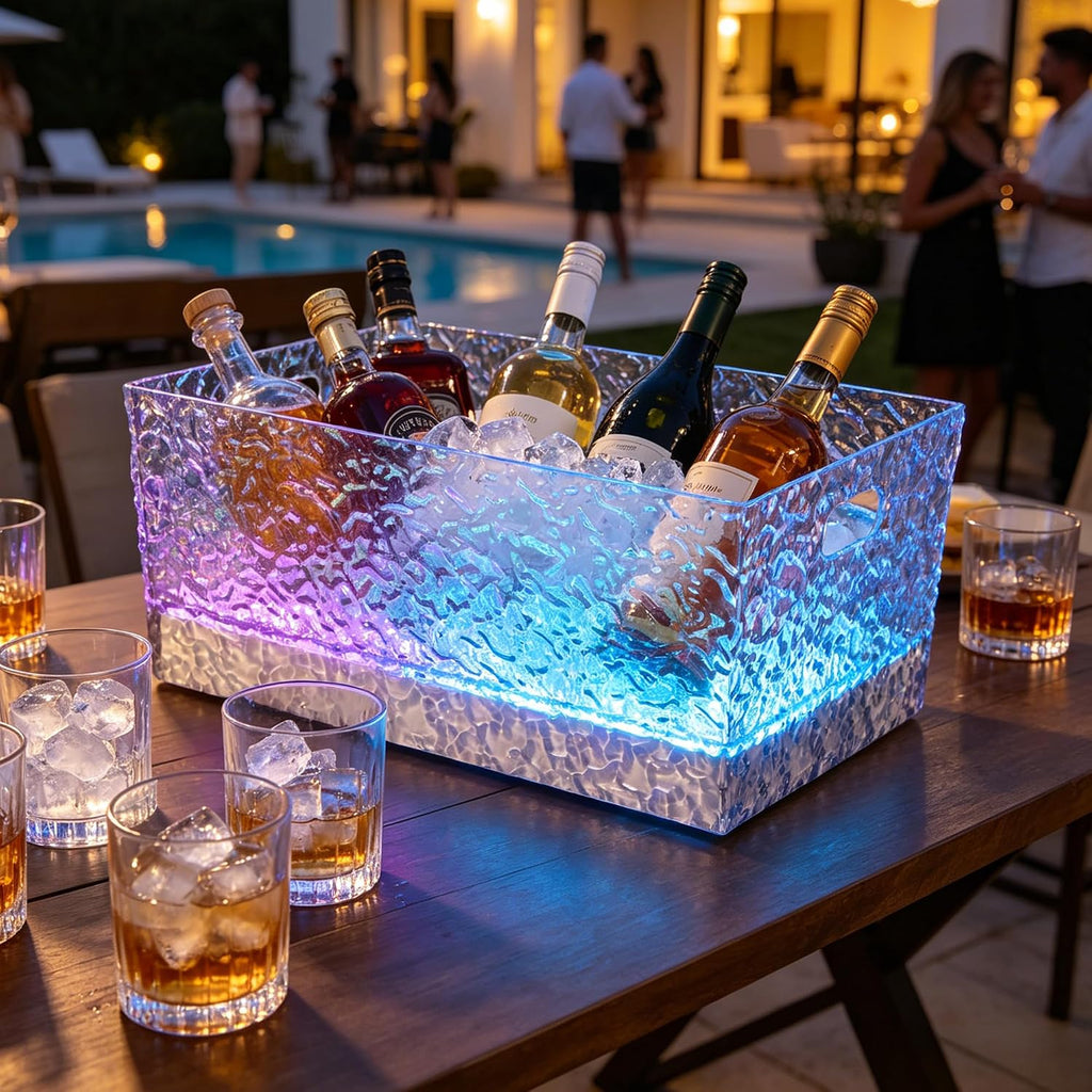 LED Acrylic Ice Buckets for Parties, 15L Lighted Beverage Tub with Rechargeable, 7-Color Large Champagne Bucket