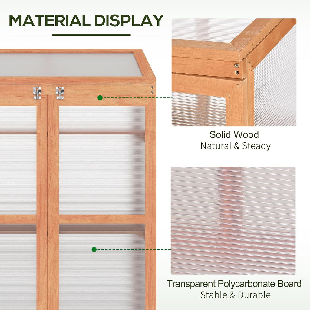 Mini Wooden Greenhouse, Outdoor Gardening Polycarbonate Small Green House with Openable Roof Vent and Shelves, Cold