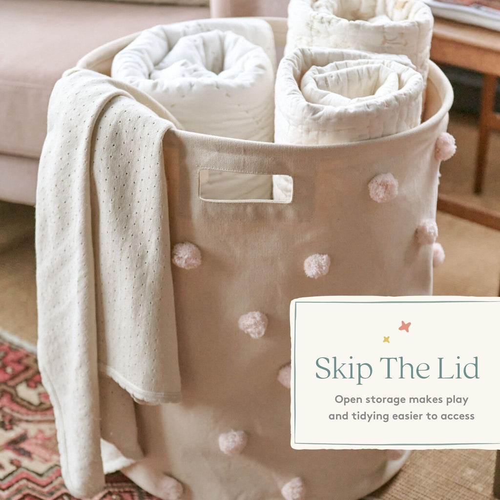 Pom Pom Basket, Hamper, Grey, Cotton Canvas Storage, 18" D x 20" H