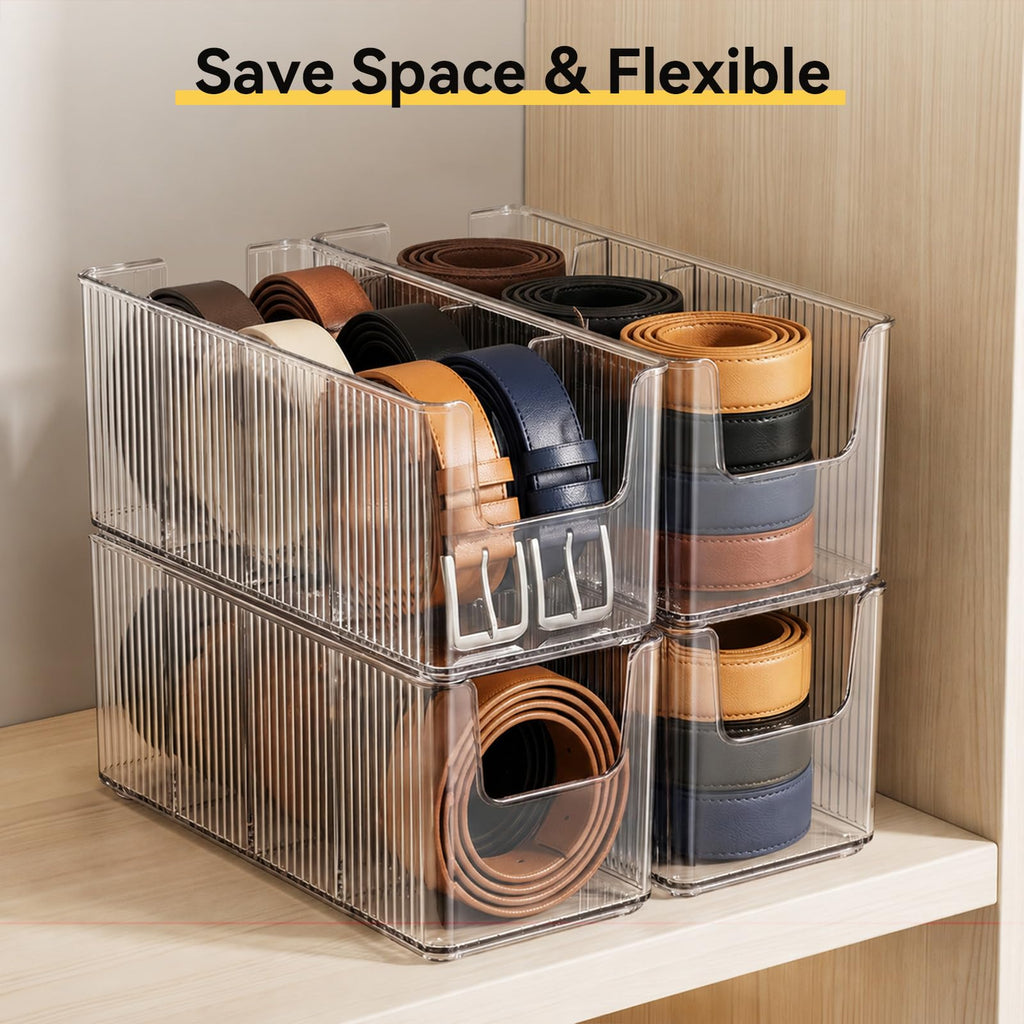 Acrylic Belt Organizer, 2 Pack Clear Belt Storage Box with 4 Adjustable Compartments, Stackable Durable Acrylic Belt