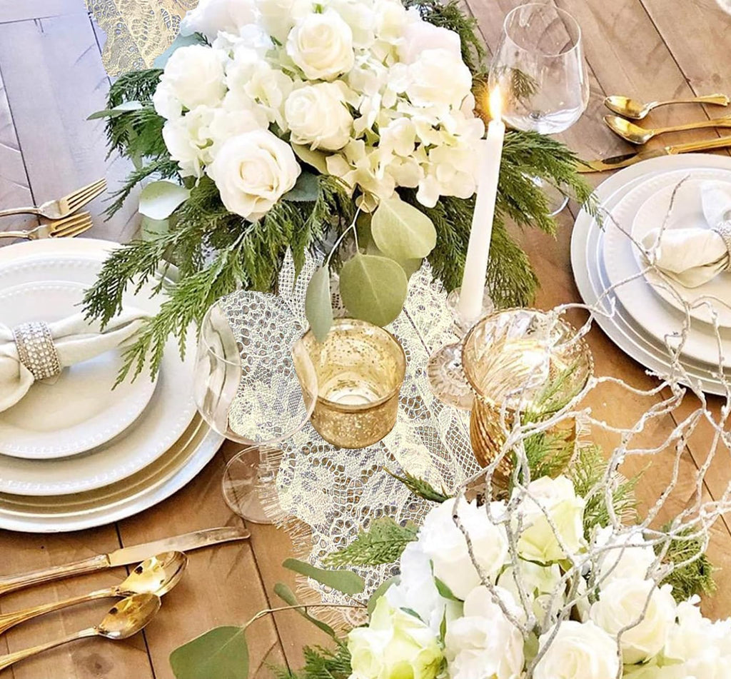 10 Pcs White Lace Table Runner 14 x 120 Inch Embroidered Boho Table Runner for Wedding Party Bridal Shower