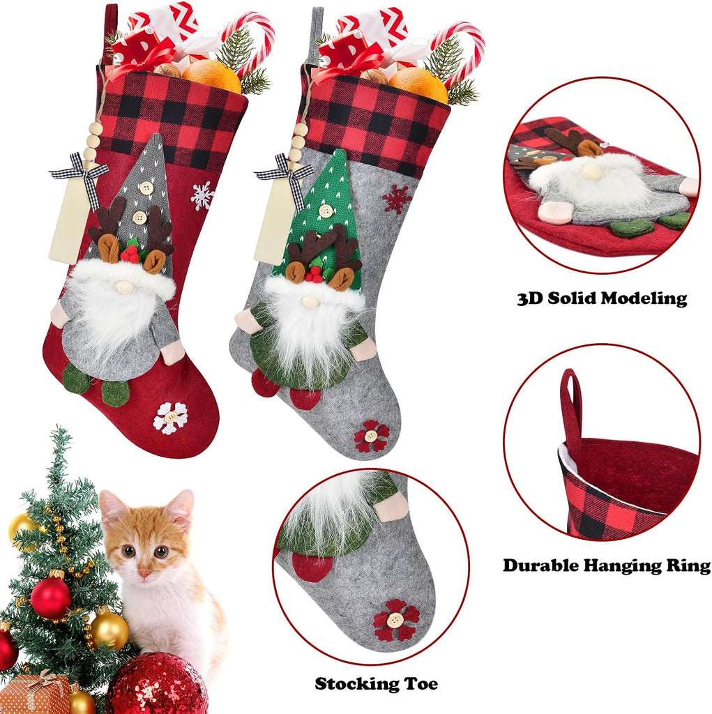 19.7 Inch Christmas Gnomes Stockings with Names Tags, 3D Embroidered Snowflakes Large Christmas Stockings Set of 3