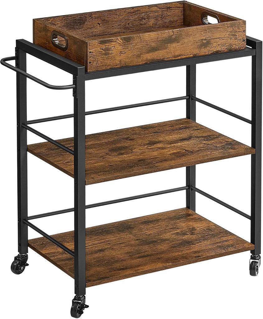 Kitchen Serving Cart with Removable Tray, 3-Tier Kitchen Utility Cart on Wheels with Storage, with Brakes, Leveling