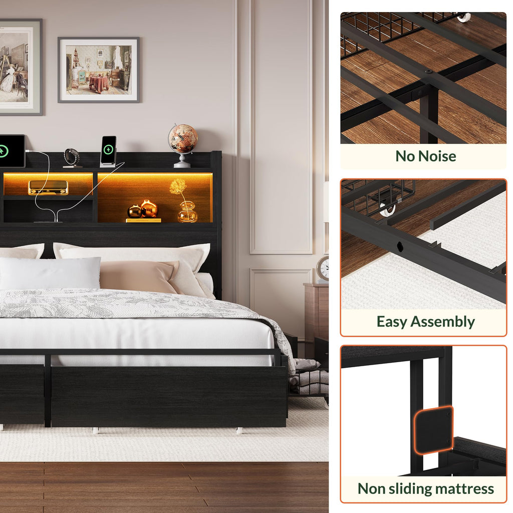 California King Size Bed Frame with 6 Storage Drawers and Headboard Wooden Platform Bed Frame with LED Lights and