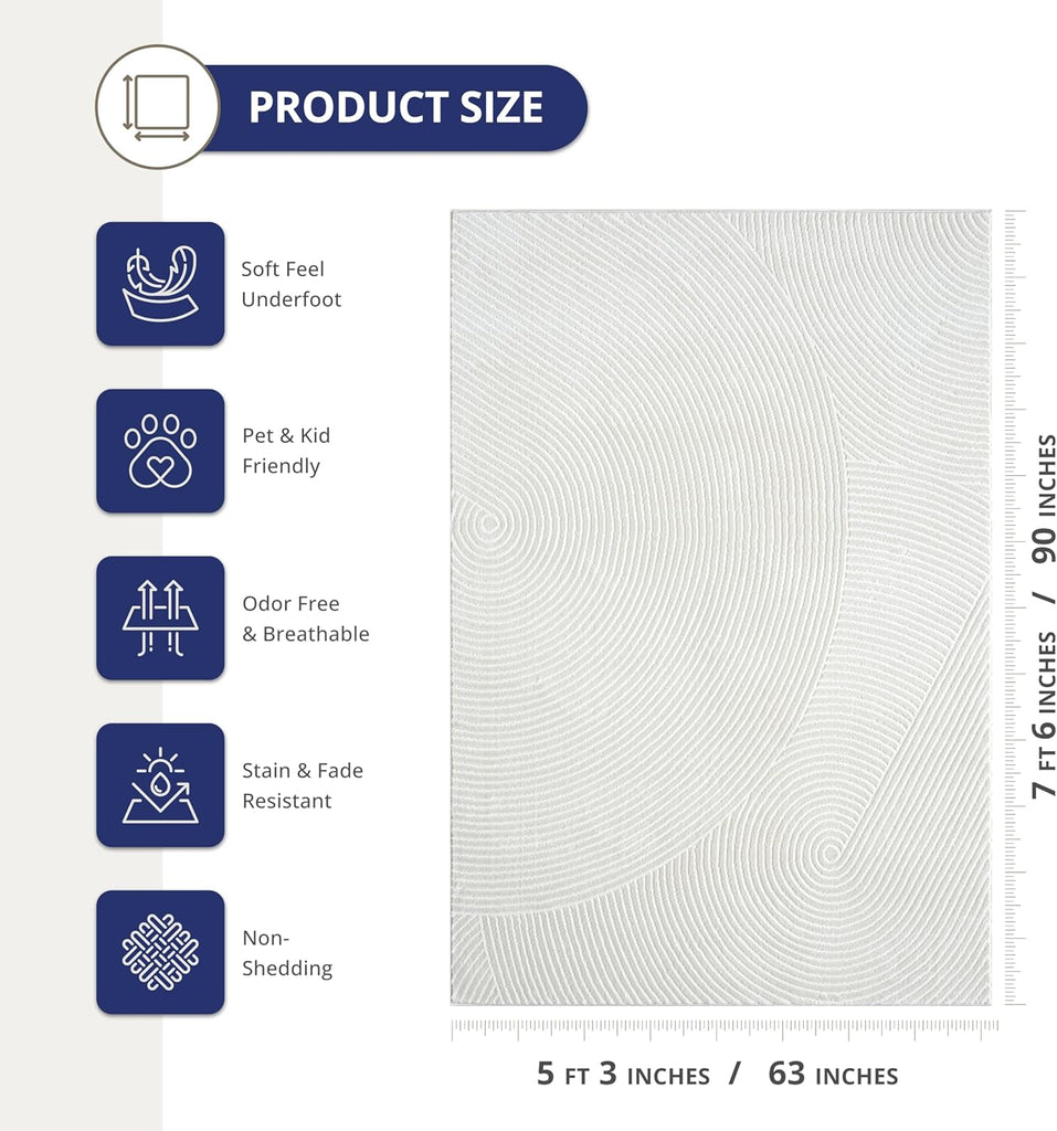 5x8 Neutral Cream Area Rug 5' x 8' | White Luxury Zen Carpet | Minimalist Ivory Rugs for Bedroom, Living Room and Dining