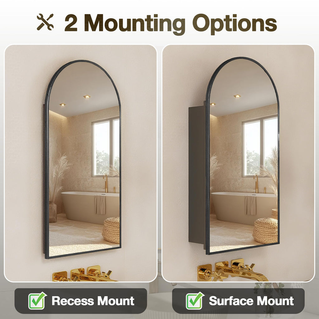 Arched Medicine Cabinet Mirror No Assembly Bathroom Mirror with Storage Recessed or Surface Mount Options (Black