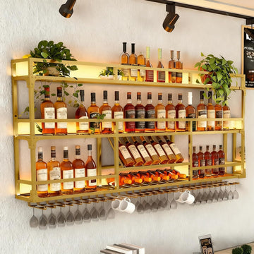 59in Wall Mounted Wine Rack, Floating Industrial Liquor Glass Holder 3 Tiers, Large Metal Wine Bottle Display Rack