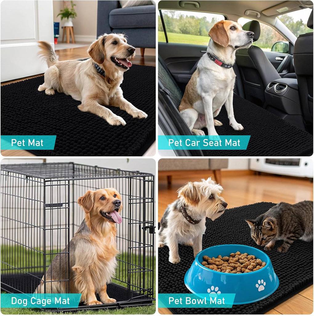 Dog Door Mat for Muddy Paws 36x24, Super Absorbent Chenille Mud Mat | Black, Absorbs Moisture and Dirt, Non-Slip